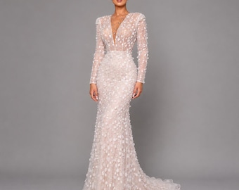 Luxury White Beaded Mermaid Wedding dress , Deep v Neck Bridal Gown