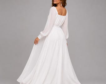 Boho Chiffon Wedding dress, Long Sleeve A Line Bridal Gown