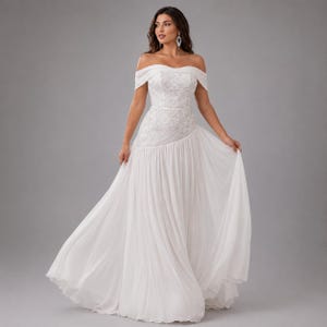 ruched bodice chiffon a line wedding dress 66382: Chiffon A-Line with Notch Neckline and Ruched Corset Bodice