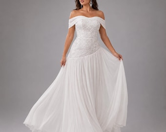 Off Shoulder Wedding Dress, Chiffon A Line bridal gown