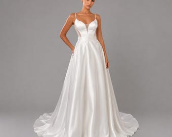 Minimalist Satin Wedding dress, A Line Bridal Gown , Party Dress