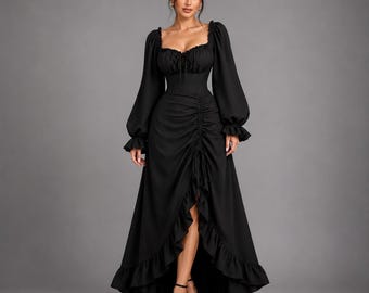 Corset Ruffle Maxi Dress Long Sleeve , Elegant Gothic Dress