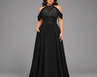 Sequin Halter Maxi Dress Elegant Formal Evening Gown , Plus Size