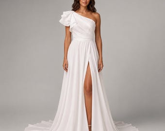 One Shoulder Wedding Dress, Chiffon Bridal Gown with Slit