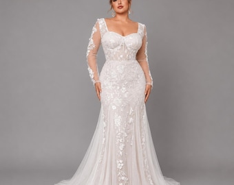 Lace Mermaid Wedding Dress , long Sleeve Bridal Gown With Illusion Corset