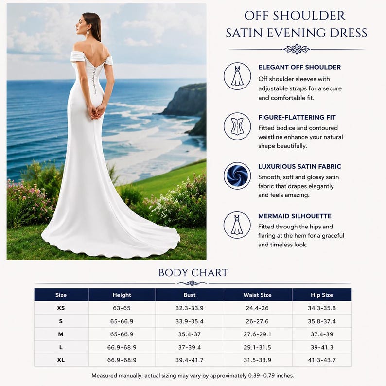 May include: A white off-shoulder satin evening dress with a mermaid silhouette. The dress has a fitted bodice and a flowing skirt. The image includes a body chart with measurements in inches.