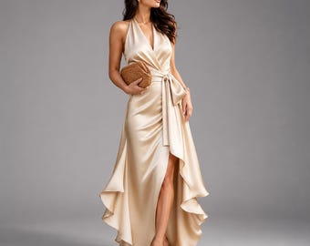 Satin Halter Maxi Dress | Elegant Wrap Evening Gown with High Low Hem