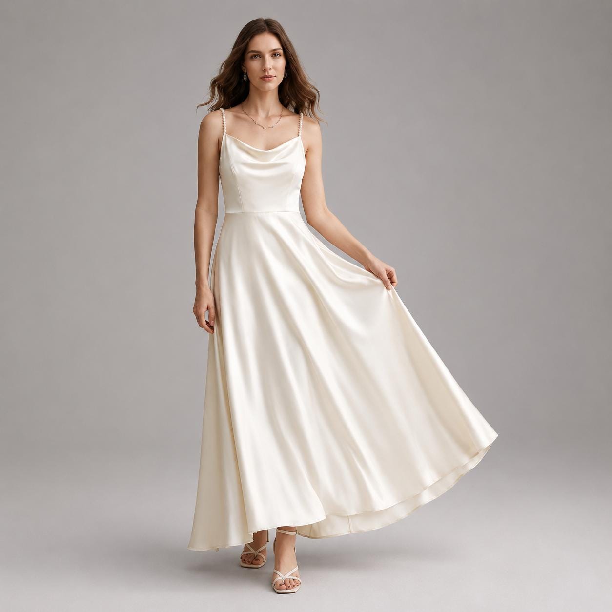 elegant ivory dresses Satin Slip Maxi Dress With pearl Straps HOLIDAY GIFT IDEAS
