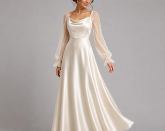 Satin Wedding Dress With Sheer Sleeves, A Line Bridal gown