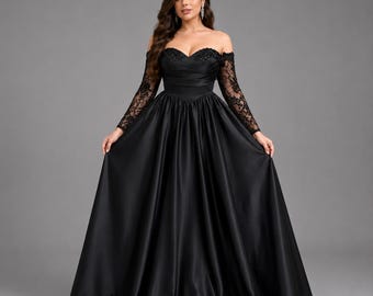 Black Satin Evening Gown | Off Shoulder Lace Sleeve Formal Dress