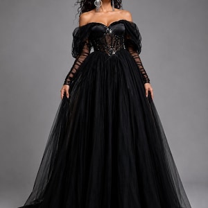 black party dress sleeves A-line Black Layers Short Sleeves Prom Dress, Black Velvet and Tulle P –  Cutedressy