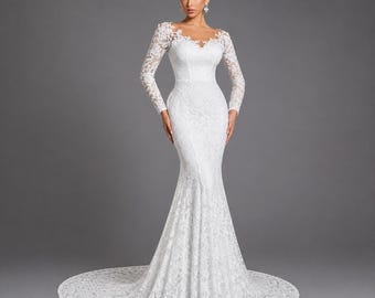 Off Shoulder Lace Mermaid Wedding Dress, Long Sleeve Bridal Gown