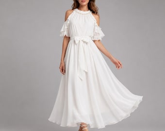 Boho Chiffon Wedding dress, Cold Shoulder Midi Bridal Dress