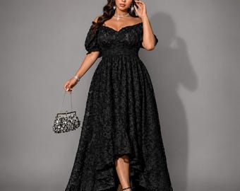Black Off Shoulder Lace Maxi Dress For Women , Elegant Evening Party Plus Size Gown