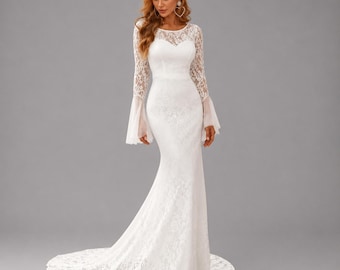 Lace Mermaid Wedding Dress , long Sleeve Bridal Gown With Bell Sleeves