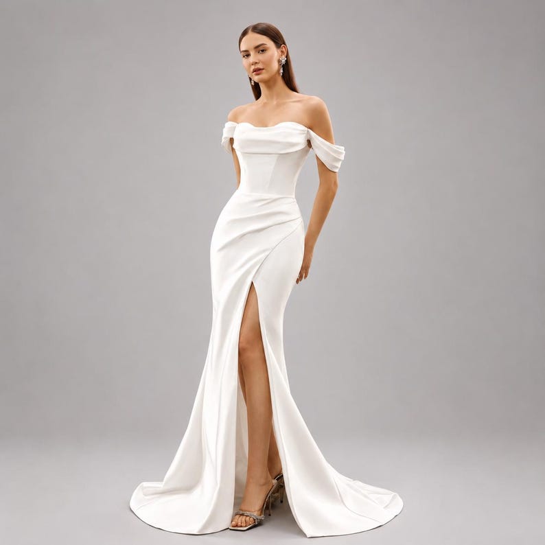 May include: A white, off-the-shoulder gown with a fitted bodice and a high slit. The dress has a flowing skirt that trails behind. The model is wearing silver heels and earrings. A classic and elegant choice for a special occasion.