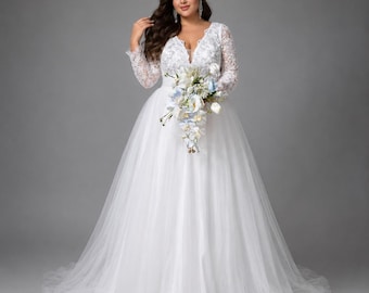 White Lace Wedding Dress, Long Sleeve Bridal Gown, Boho Tulle Maxi Dress