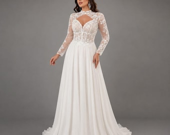 Lace Wedding Dress , High Neck Bridal Gown , Long Sleeve Boho dress