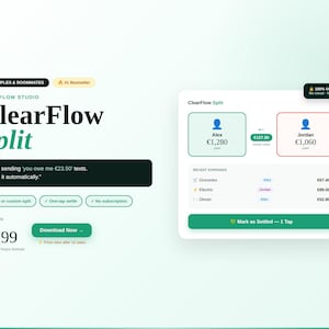 Op de afbeelding: Een digitale interface voor ClearFlow Split, een financiële app voor koppels en huisgenoten. De interface van de app wordt weergegeven op een witte achtergrond met groene en rode accenten. De app biedt functies zoals uitgaven bijhouden en afrekenen met één tik.