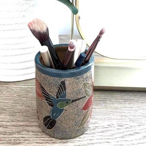 Nicaraguan Art Pottery Cup  Hummingbird and Monkey