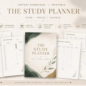 Può includere: Un pianificatore di studio stampabile con un design minimalista. La copertina presenta accenti verdi e oro in stile acquerello, con il testo "The Study Planner". Include pianificatori mensili, settimanali e giornalieri, tracker di esami e compiti e tracker delle abitudini.