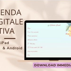 Può includere: Un'agenda digitale estiva visualizzata sullo schermo di un laptop. Lo schermo mostra un modulo con campi e un design floreale. Il testo sullo schermo include "Scheda Crush". Il laptop è su una superficie di colore chiaro, con testo in italiano: "AGENDA DIGITALE ESTIVA" e "Per iPad & Android".