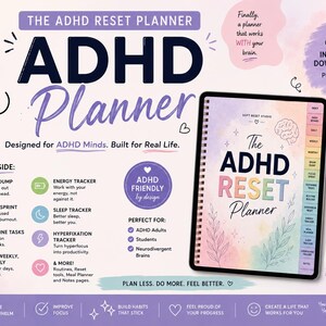 Può includere: Un pianificatore di ripristino ADHD, progettato per menti ADHD, è mostrato su un tablet con una penna. Il pianificatore include sezioni per scarichi cerebrali, monitoraggio dell'energia e pianificazione giornaliera. Il testo recita: "Pianifica meno. Fai di più. Sentiti meglio."