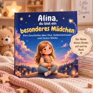 Może przedstawiać: Książka dla dzieci w twardej oprawie zatytułowana Alina, du bist ein besonderes Mädchen, z ilustracją dziecka trzymającego pluszowego misia na tle zachodzącego słońca. Okrągła naklejka na okładce zawiera napis Der Name deines Kindes auf und im Buch.