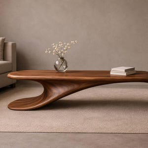 Modern Curved Wood Coffee Table – Organic Minimalist Design 125 cm | Handmade Sculptural Living Room Table