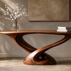 Mesa consola moderna de madera, mesa escultural de madera, mesa de entrada hecha a mano, muebles de diseño orgánico, escritorio de madera de lujo