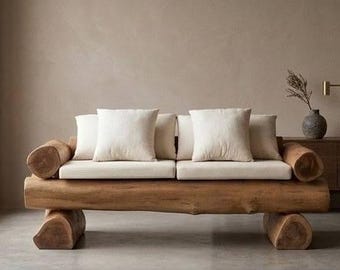 Rustic Log Wood Sofa – Solid Wood Handmade Couch 160 cm | Organic Natural Furniture, Cabin Style, Farmhouse Living Room