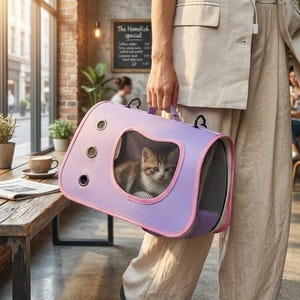 Può includere: Un trasportino lilla per animali domestici con finiture rosa e finestra a rete, contenente un piccolo gattino tigrato. Il trasportino ha una maniglia e fori di ventilazione. Il gattino guarda fuori. Lo sfondo è un bar.