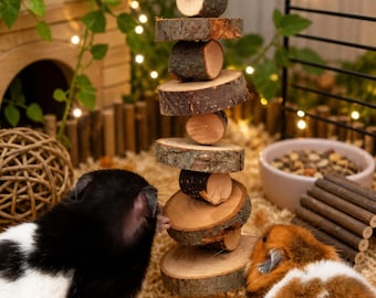 Handgemaakt appelhouten speelgoed ronde houten kauwstaafje met meerdere niveaus voor konijnen en cavia's