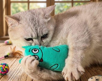 Peluche a forma di gatto e cane in stile cartone animato, giocattolo interattivo resistente ai morsi per cuccioli e gatti