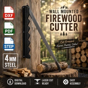 Puede incluir: Un cortador de leña de pared negro hecho de acero de 4 mm, con un brazo de palanca largo y un soporte dentado. La imagen incluye el texto: WALL MOUNTED FIREWOOD CUTTER, Cut firewood Easier, Faster, Safer!, DXF, PDF, STEP, 4 MM STEEL, DIGITAL DOWNLOAD, LASER CUT READY, EASY ASSEMBLY.