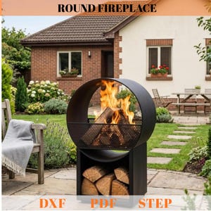 Op de afbeelding: Een zwarte, ronde buitenhaard met een gaasfront, gevuld met brandend hout. De basis bevat gestapelde houtblokken. De tekst "ROUND FIREPLACE" staat bovenaan en "DXF PDF STEP" onderaan. De haard staat in een tuin.
