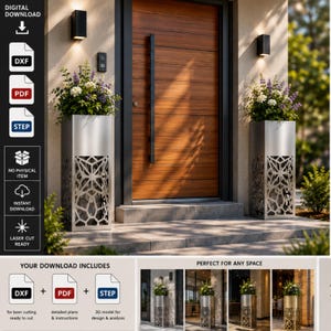 May include: Two tall, rectangular silver metal planters with intricate geometric laser-cut patterns on the lower sections, each holding a bouquet of white and purple flowers, positioned on either side of a wooden front door with a black handle.