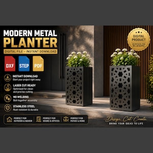 May include: A digital file for a modern metal planter featuring a geometric cutout pattern. The image displays text including MODERN METAL PLANTER, DXF, STEP, PDF, and DIGITAL PRODUCT. Two rectangular planters with white flowers are shown as examples.