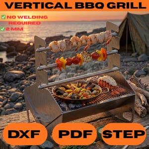 May include: A metal vertical BBQ grill with skewers of grilled prawns, vegetables, and a pan of seafood. The grill has the text "VERTICAL BBQ GRILL", "NO WELDING REQUIRED", and "2 MM". The bottom of the image has the text "DXF PDF STEP".