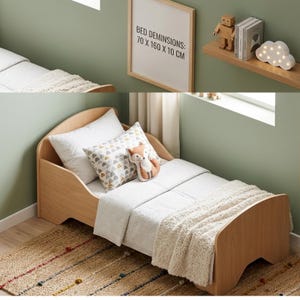 May include: A light wood toddler bed with a white and gray patterned comforter, a white pillow, and a decorative pillow with a fox stuffed animal. The bed dimensions are 27.5 x 63 x 3.9 inches. A framed sign on the wall reads "BED DEMINSIONS: 70 x 160 x 10 CM."