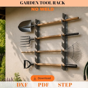 May include: A metal garden tool rack mounted on a light-colored wall, holding a shovel, pitchfork, rake, and spade. The rack is dark gray, and the tools have wooden handles. The text "GARDEN TOOL RACK" and "NO WELD" are at the top. Below is a download button.