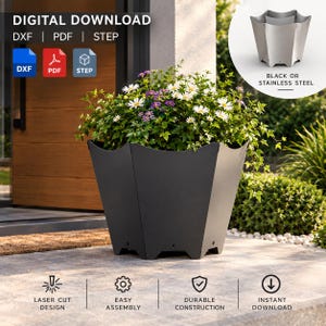Puede incluir: Una maceta hexagonal de color negro mate con un borde superior festoneado que contiene flores blancas y moradas. La imagen incluye texto para una descarga digital de archivos DXF, PDF y STEP, destacando el diseño de corte láser y montaje.