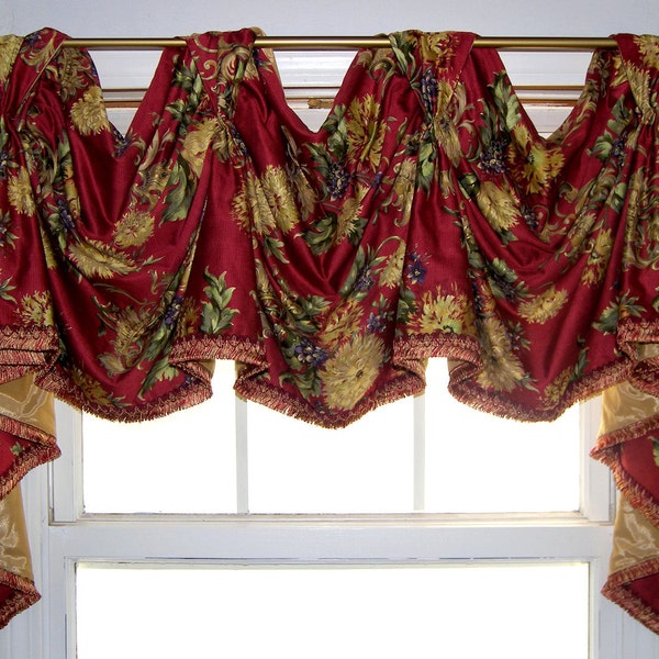 Forte Red Floral Trimmed Victory Swag-Window Treatment