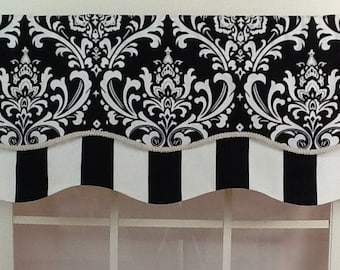 Damask layered shaped valance in black , navy or grey with trim