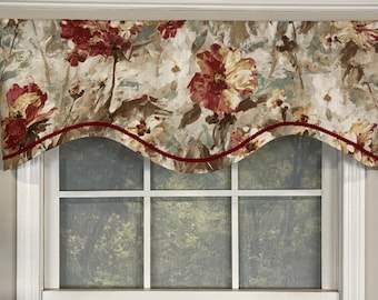 Flora shaped valance with gimp trim in crimson or grey