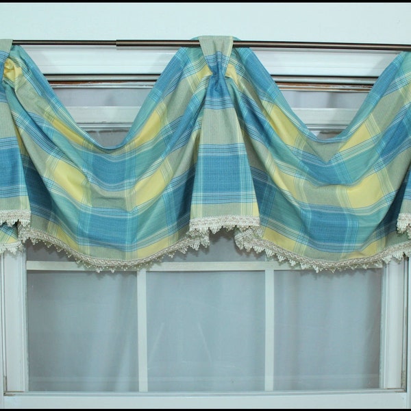 Blue & Yellow Plaid Swagged Bell Valance