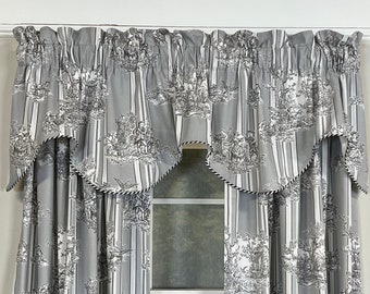 French Country Toile and stripe Fluted shaped window valance with trim