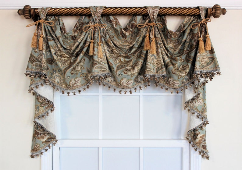 Jacobean victory valance swag with or without tassel trim and chairties in Black or Spa or Grey image 2