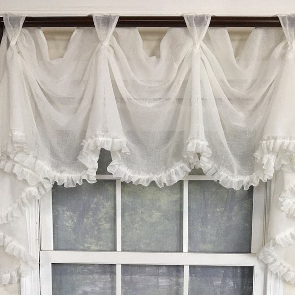 Shabby chic ruffled sheer victory swag in white or cream