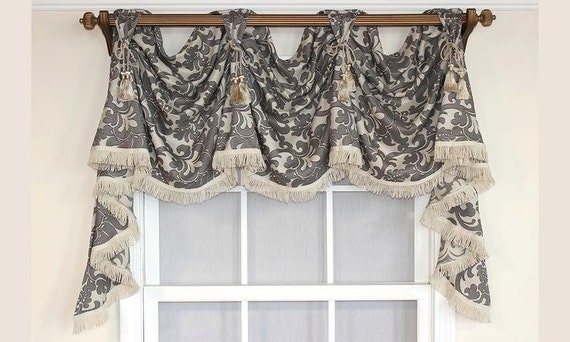 Damask Victory Swag Valance In Gray Or Spa With Optional Damask Victory Swag Valance In Gray Or, Victory Valance Curtains